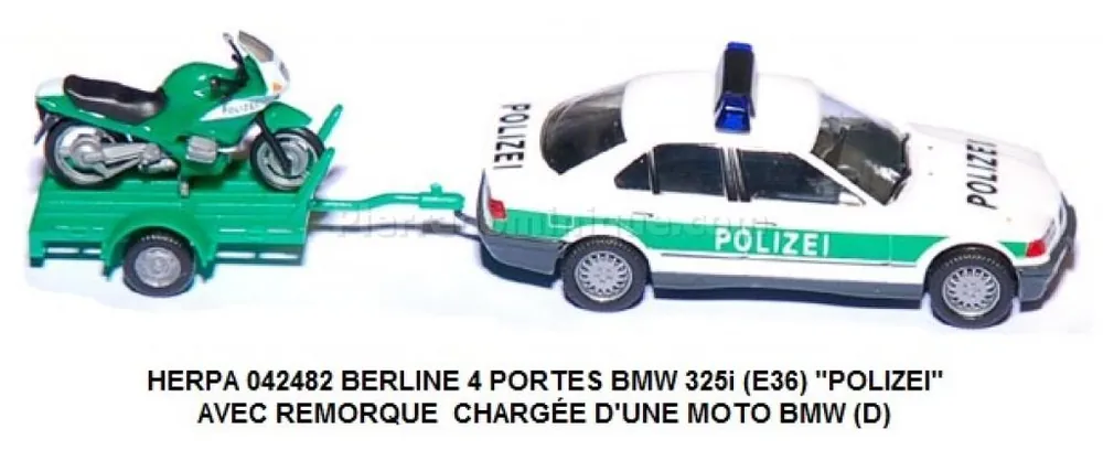 *SOLDES* - BERLINE 4 PORTES BMW 325i (E36) ‘ ‘POLIZEI ‘ ‘ AVEC REMORQUE CHARGÉE D ‘UNE MOTO BMW (D) Offre Limitée