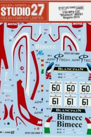 Acheter En Ligne Studio 27 DC1060 McLaren MP4/12C - Bhaitech No.60 / 61 Nogaro 2014 Decals Set (for Fujimi Kits)