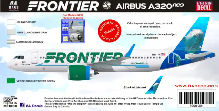 8aDecs 7909-391-200 Frontier Airbus A320 Neo Mia Dolphin Acheter En Ligne